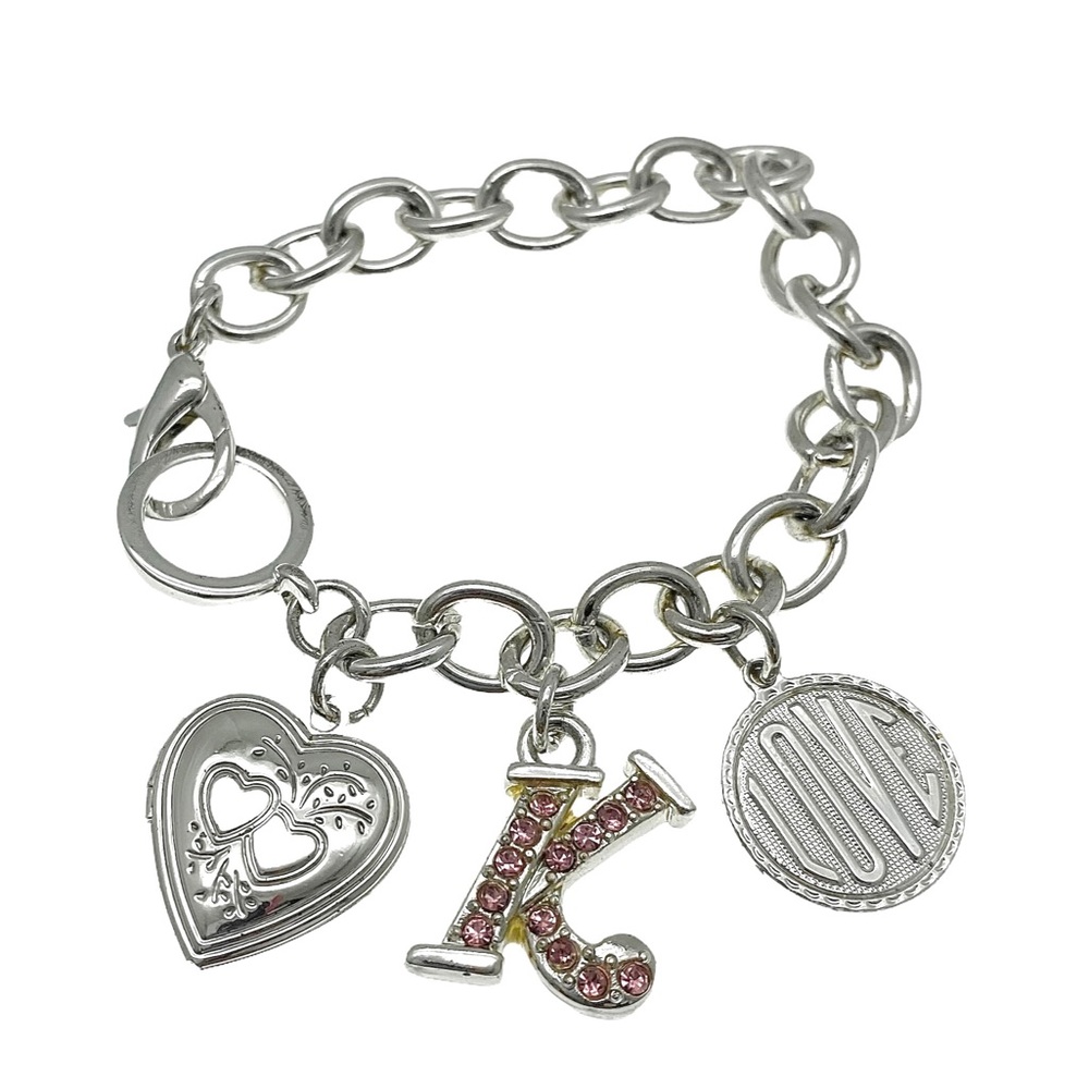 Heart Locket Initial K Charm Bracelet, Silver Plated Metal, Retro Vintage Gift